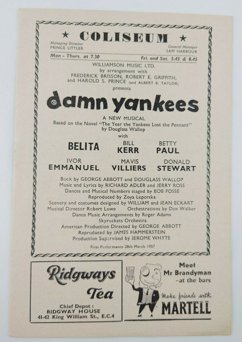 1957 Damn Yankees Coliseum Belita Bill Kerr Betty Paul Ivor Emmanuel M Villiers