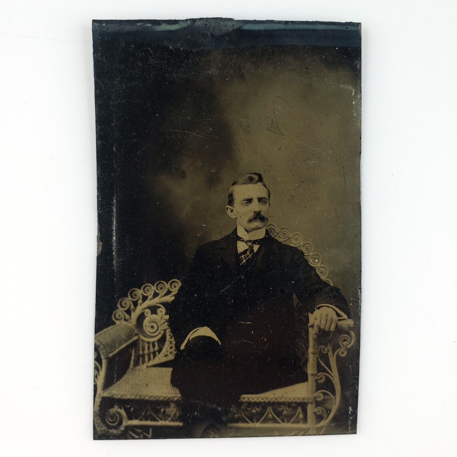 Wicker Bench Amputee Man Tintype c1870 Antique 1/6 Plate Mustache Photo A3727
