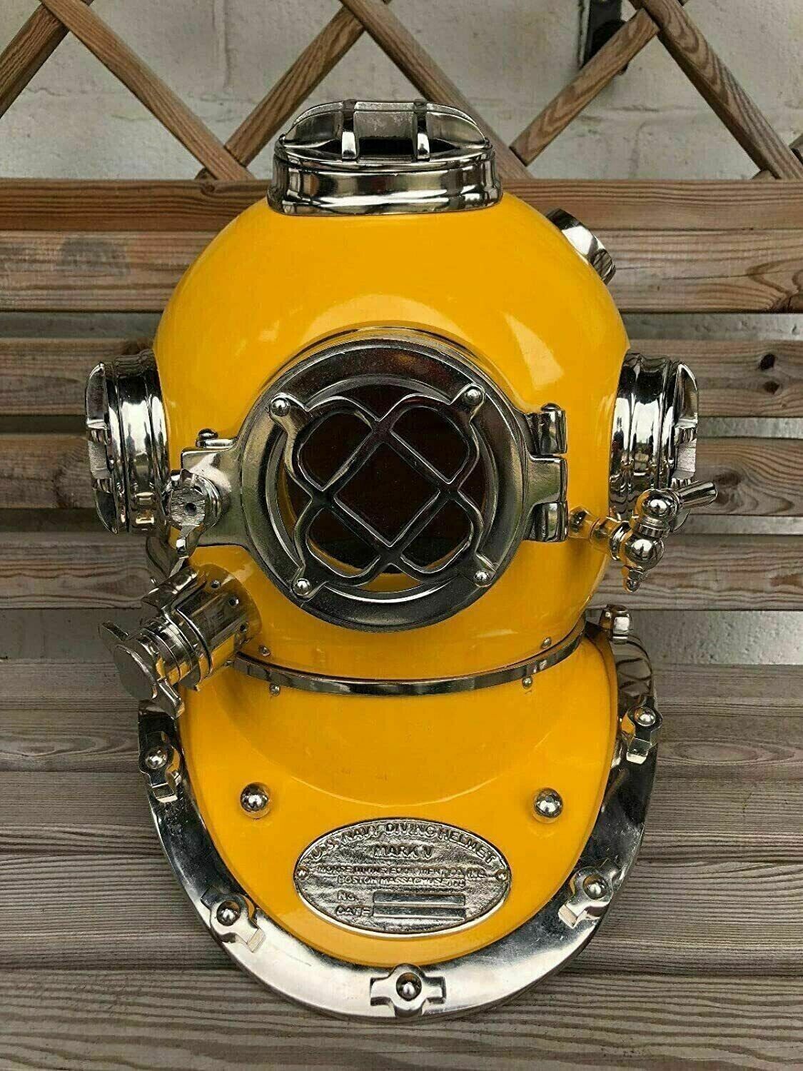 Vintage Marine Boston Yellow Brass Scuba Diving Divers Helmet US Navy Mark IV
