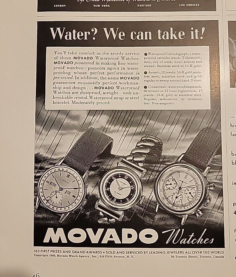 1940 Movado Watch Calendograph Acvatic Cronacvatic vintage Ad