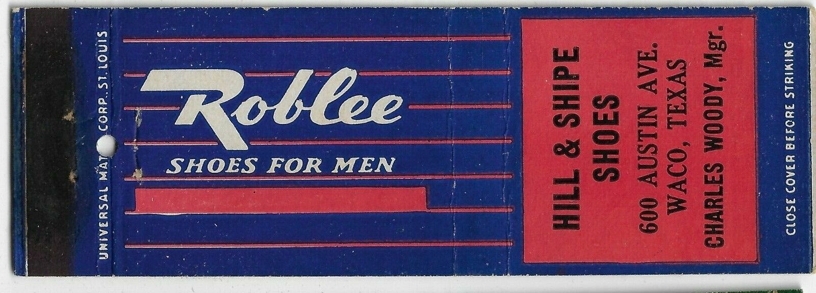 Roblee Shoes Hill & Shipe Shoes Waco Texas Empty Matchcover