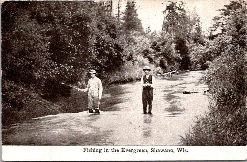 Postcard Two Fishermen Fishing in the Evergreen Shawano Wisconsin WI 1912   Q639