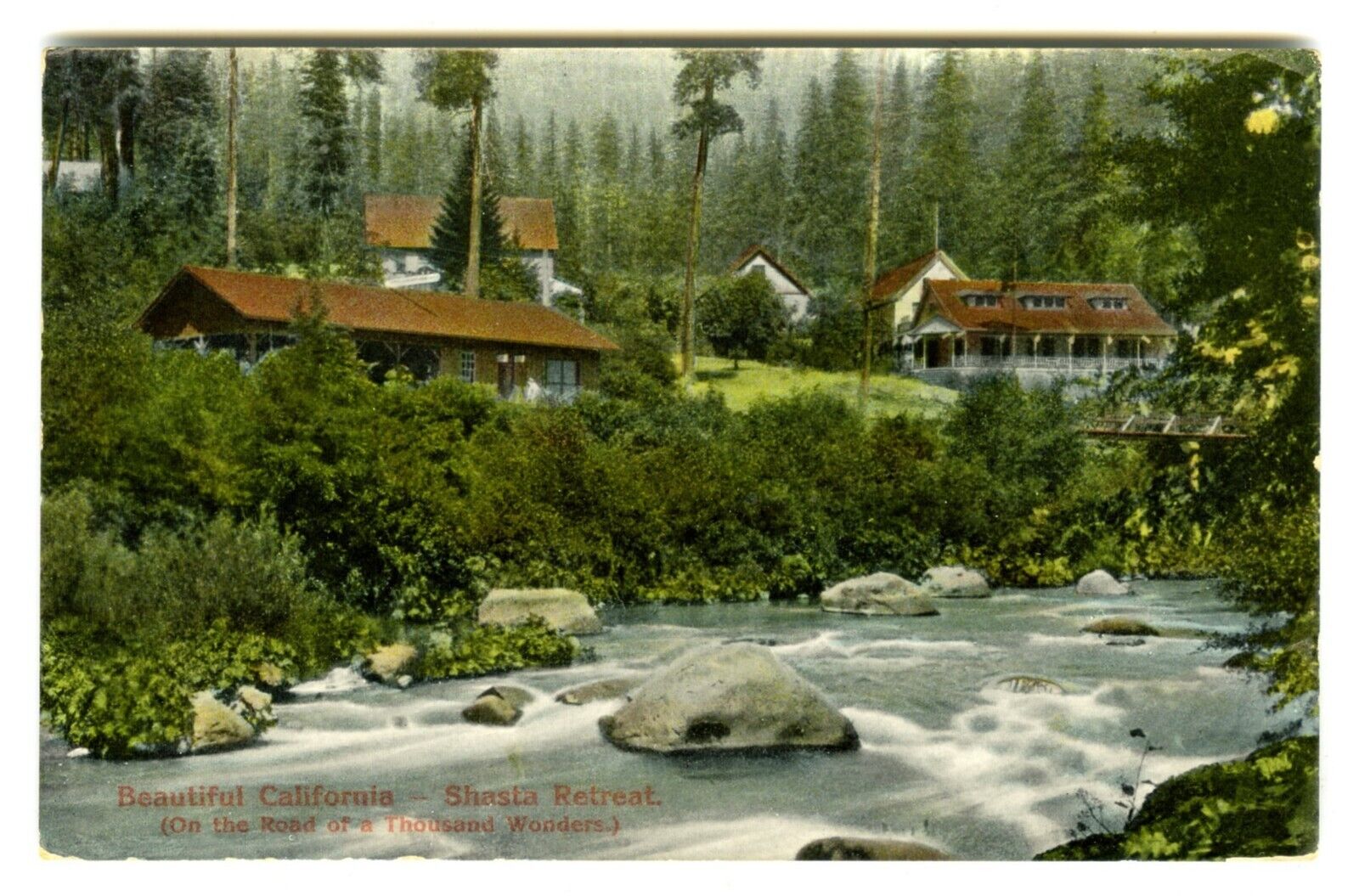 c.1910 SHASTA SPRINGS CA RESORT RIVER,CLUBHOUSE,LODGE&SURROUNDS~ANTIQUE POSTCARD