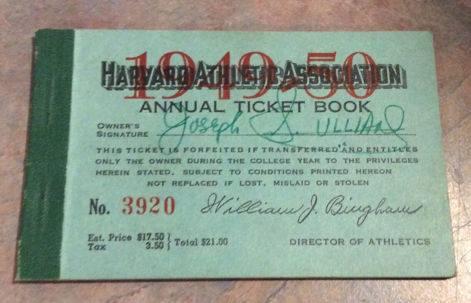 Harvard Athletics Assn. 1949 Unused Ticket Book - Student Football Ticket Book