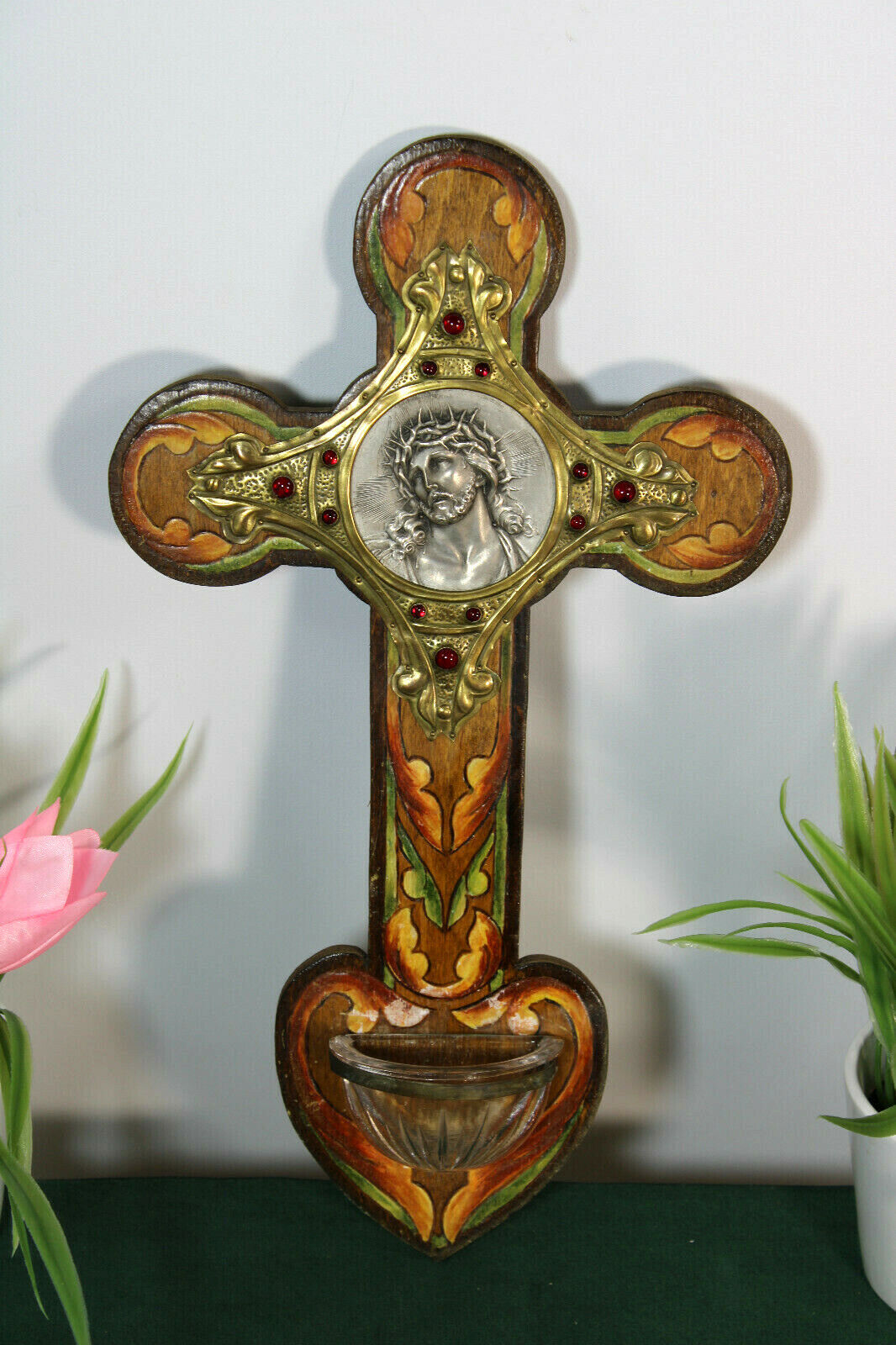 Antique French wood inlaid stones holy water font crucifix Christ 