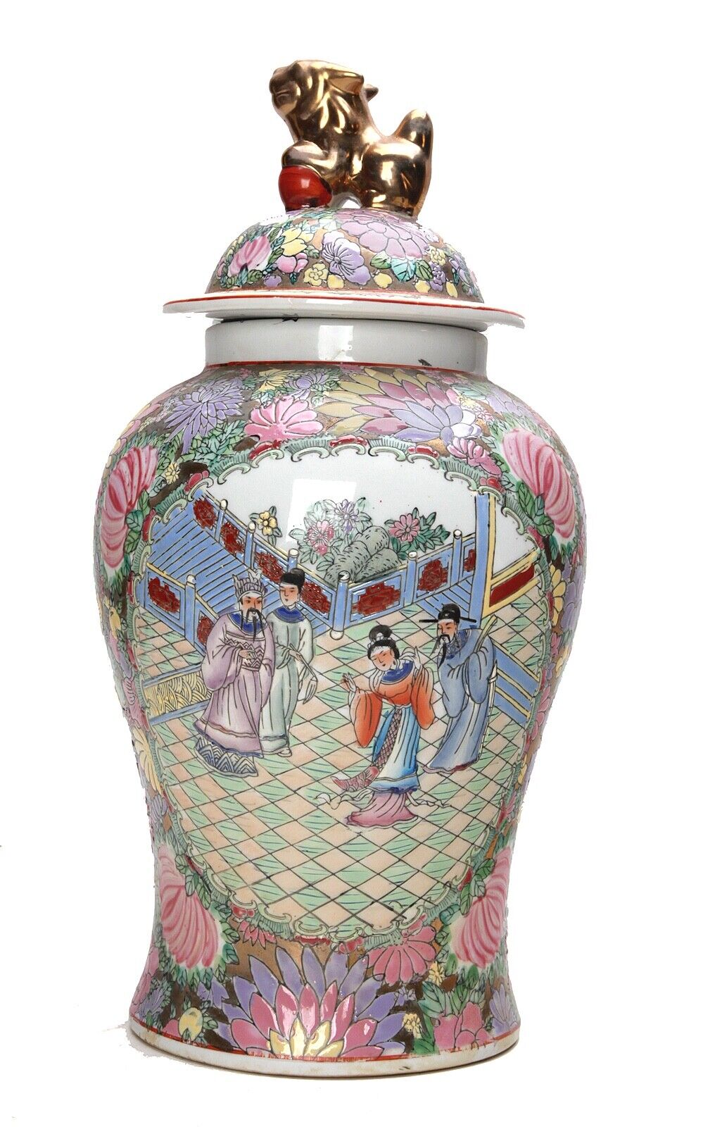 Vintage Chinese Hand Painted Porcelain Famille Rose Temple Ginger Jar Foo Dog