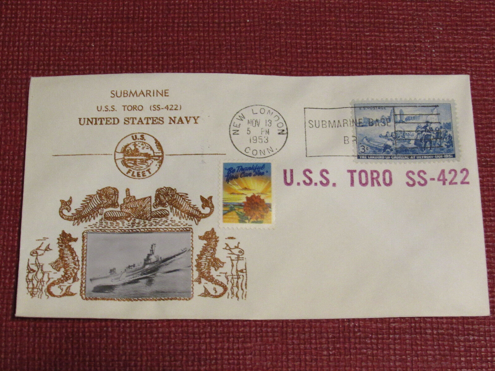 Crosby Submarine Naval Cover - 1953 - Sub Base Cancel - USS Toro SS-422