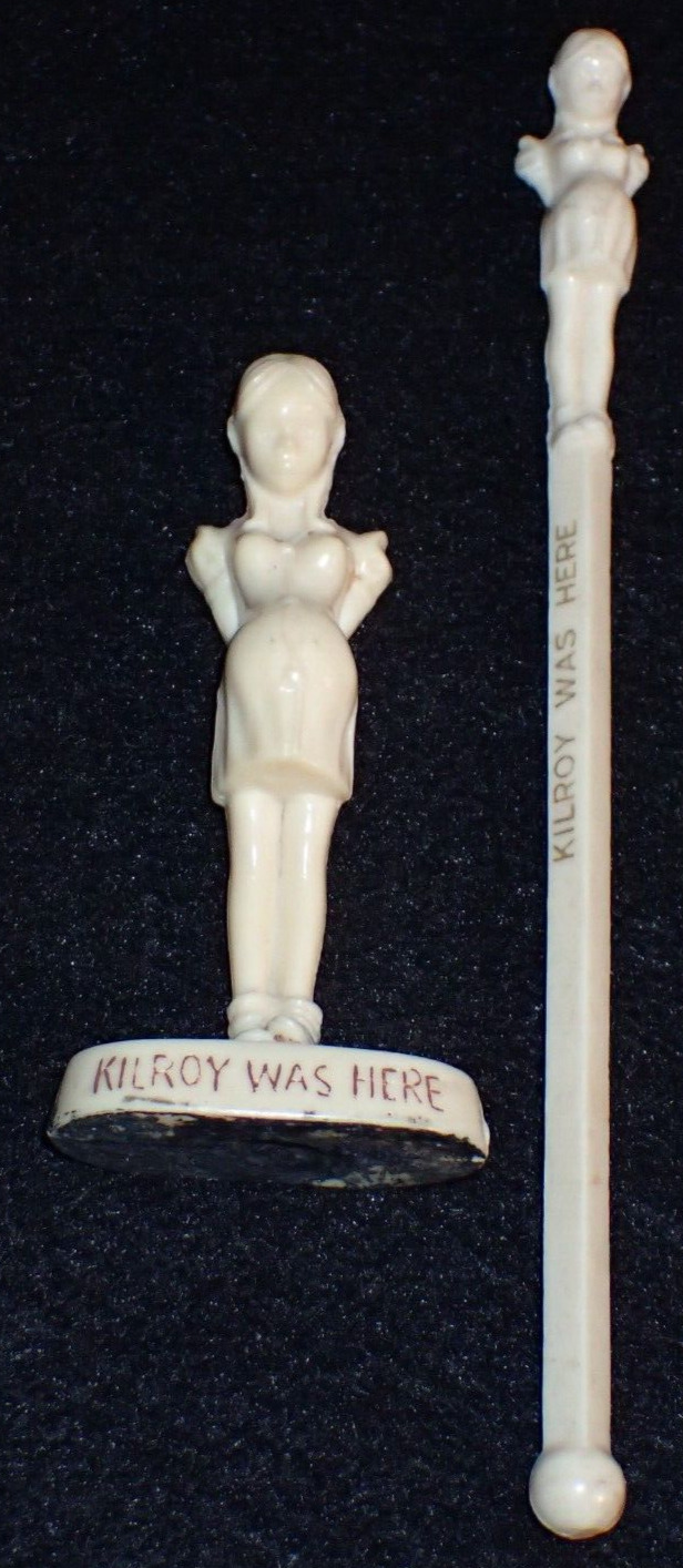 WWII US Army Humor \'Kilroy Was Here\' Pregnant Girl Statue & Swizzle Stick, Rare