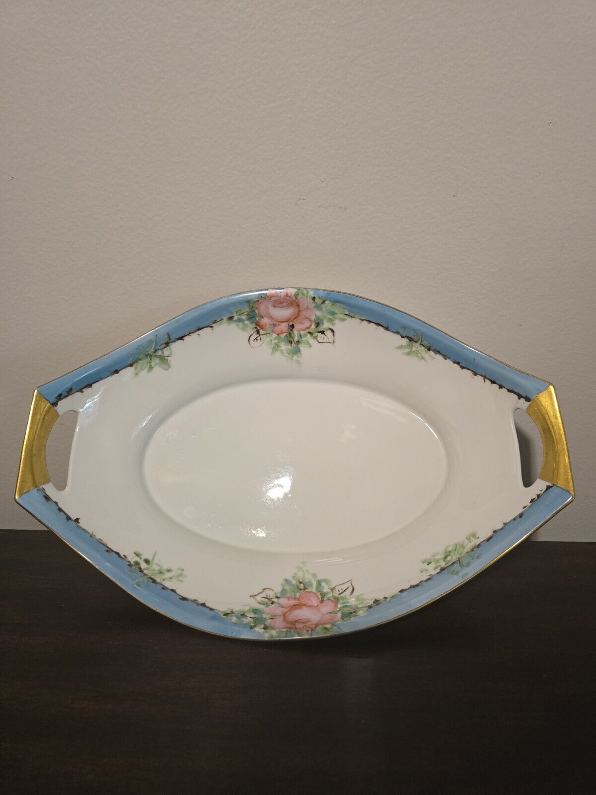 Hand Painted Porcelain Gold Blue Trim Pink Rose serving decorative oval dish