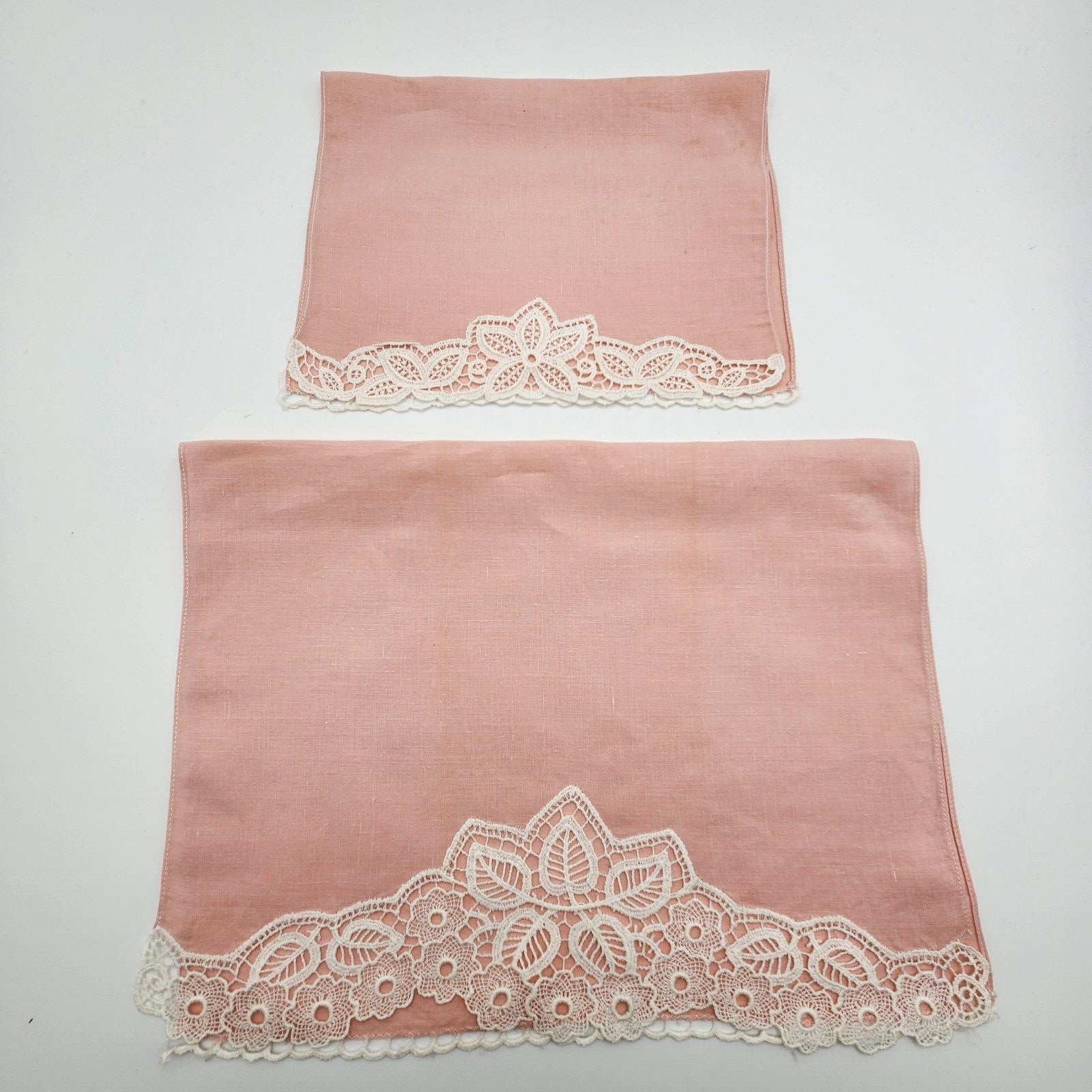 Vtg Table Dresser Scarf Doily Delicate Pink with White Lace - Set of 2