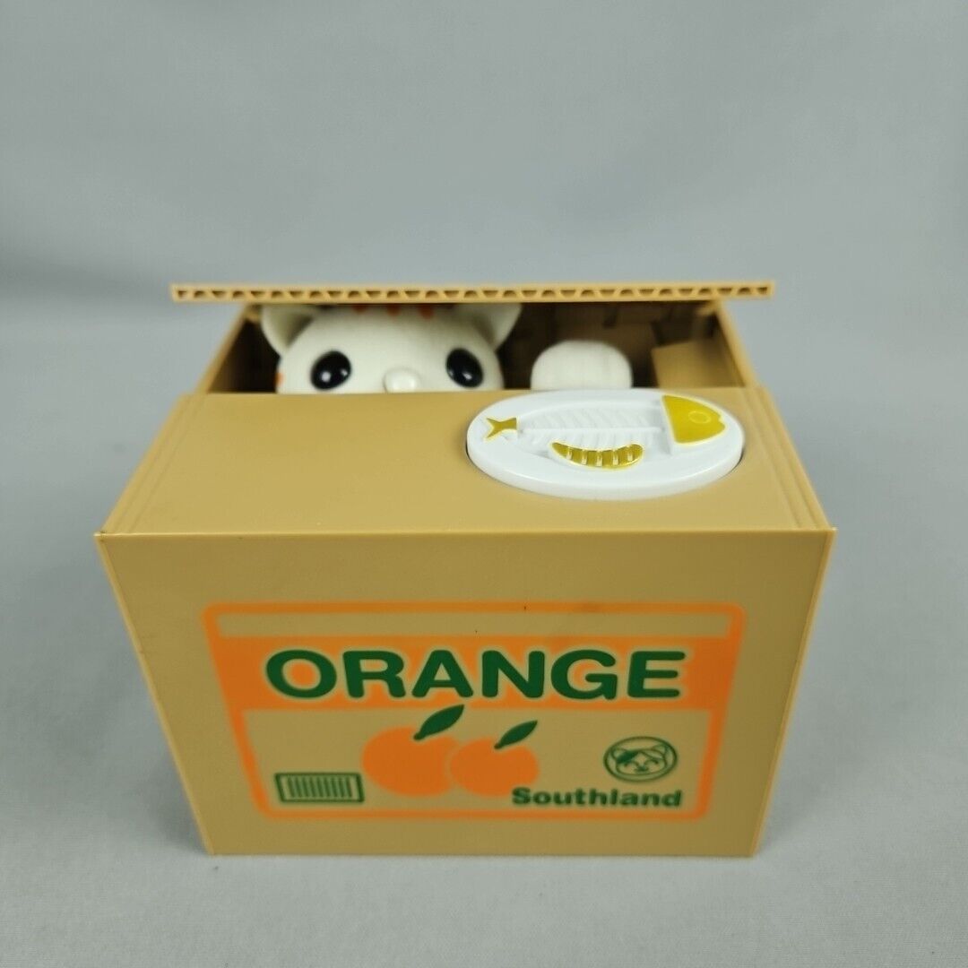Cat In A Box Stealing Coins Mechanical Piggy Bank Orange Box Mischief Kitty