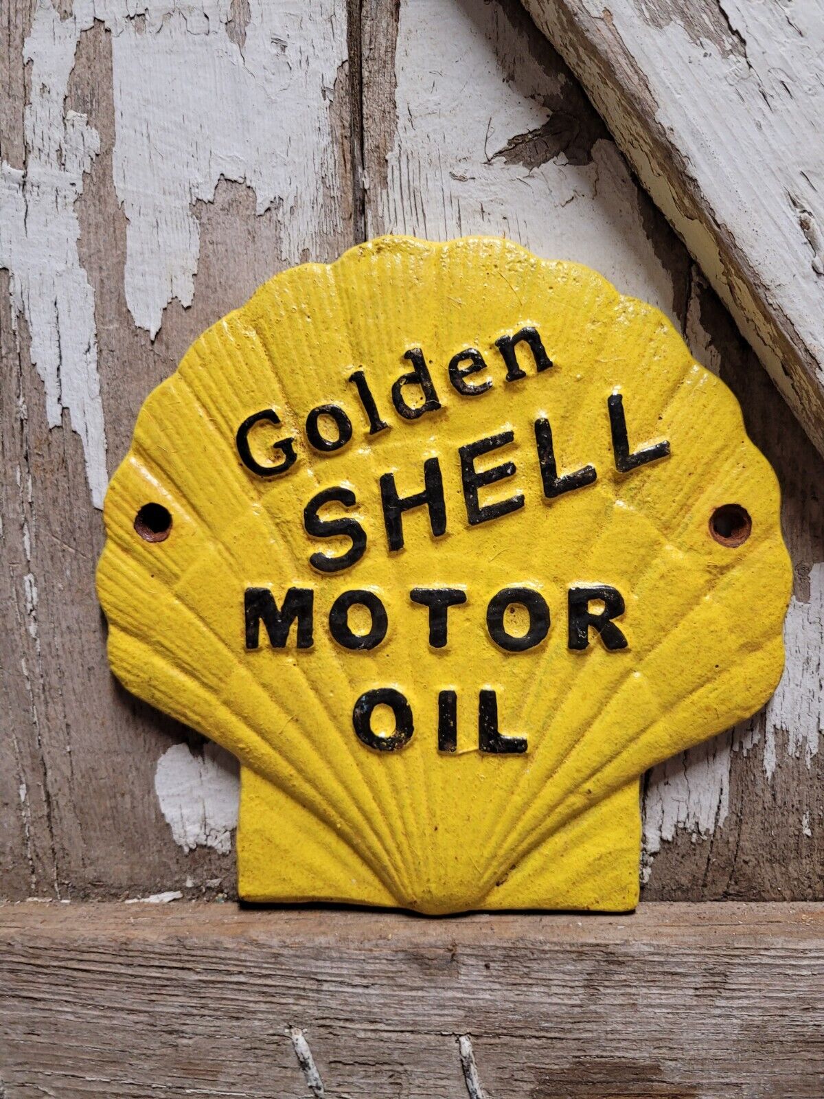 VINTAGE GOLDEN SHELL MOTOR OIL SIGN CAST IRON METAL ADVERTISING GAS STATION OIL