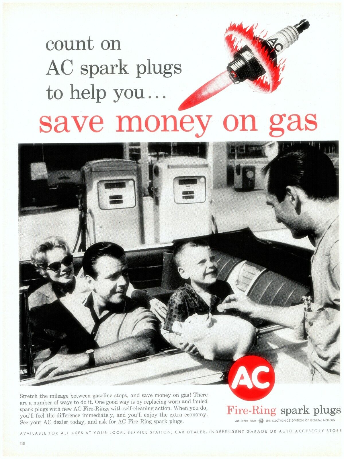 1961 AC Spark Plugs Vintage Print Ad Young Boy Piggy Bank Save Money On Gas