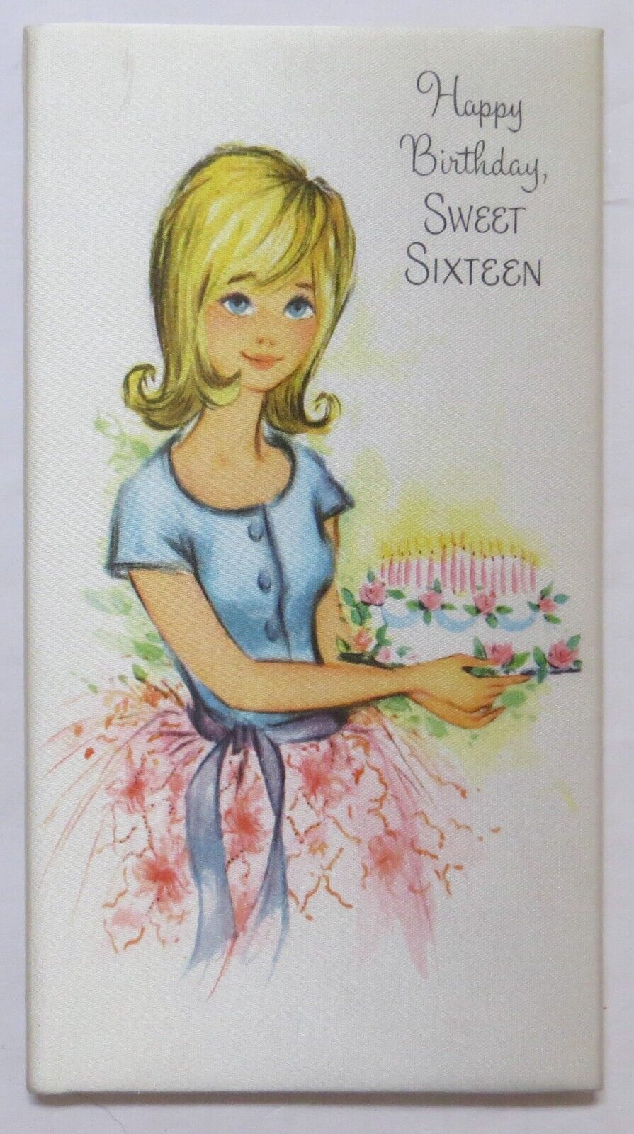 Vtg Retro Sweet Sixteen 16 Birthday Card-PRETTY GIRL WITH CAKE PRINTED ON SATIN