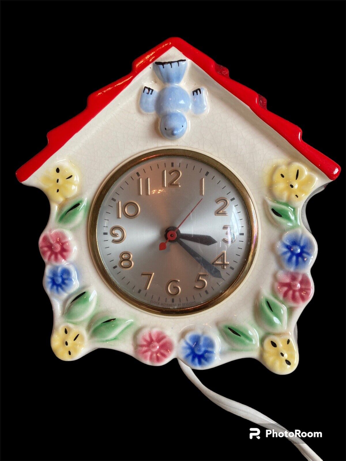 Vintage 1950s/60 Hull Art Ceramic Electric Wall Clock Sessions Blue Bird Working