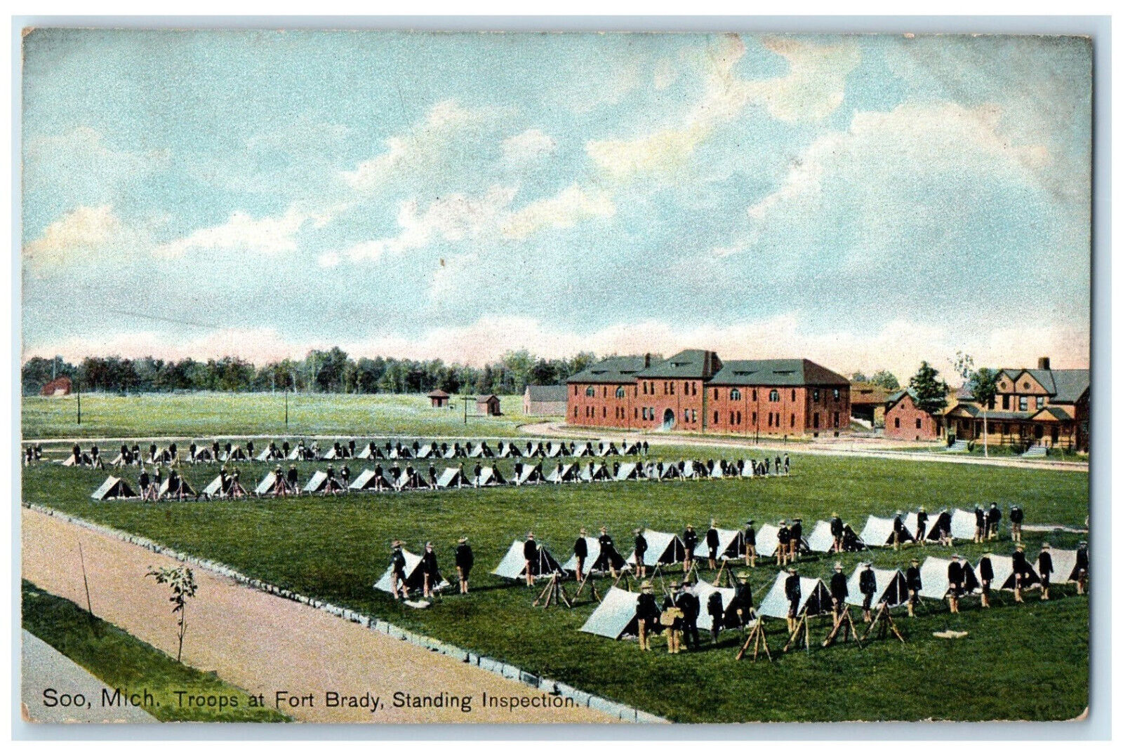 c1910 Troops at Fort Brady Standing Inspection Soo Michigan MI Postcard