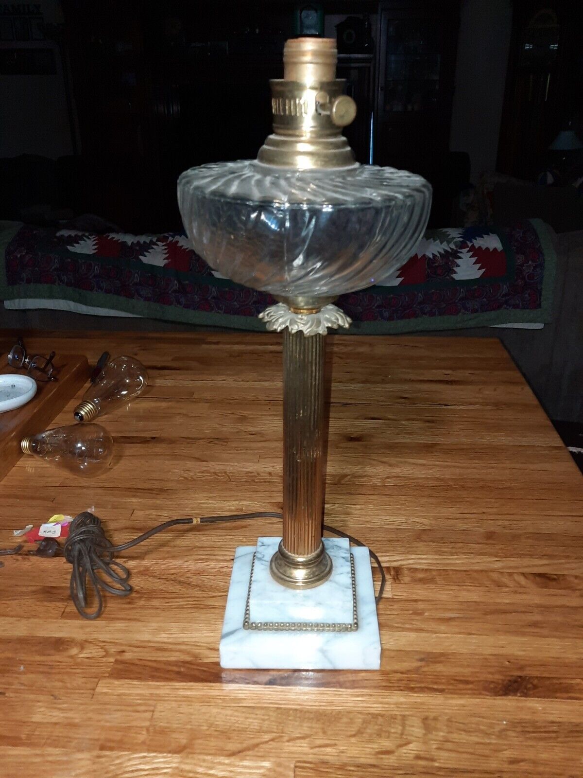Vtg Mid Century Paul Hanson Hollywood ? Regency Marble Brass Lamp Kerosene Style