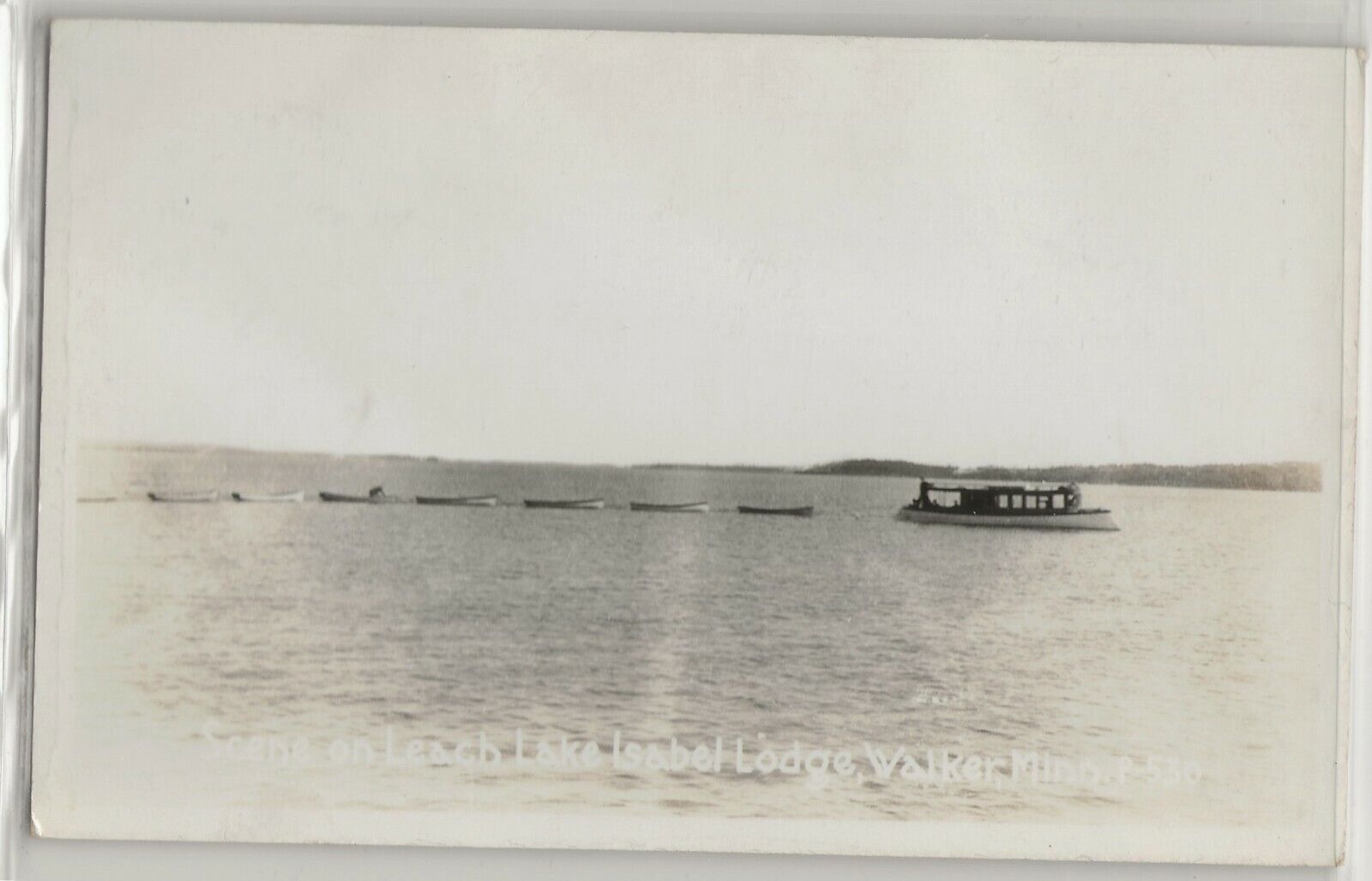 Boats on Leach Lake from Isabel Lodge, Walker, Minnesota; photo postcard RPPC 