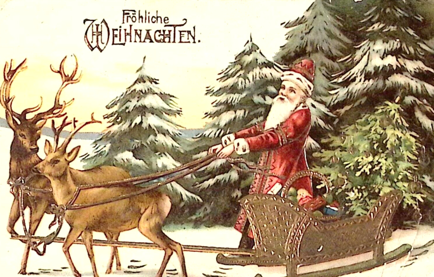c1910s Christmas Postcard Old World Germany Maroon Robed Santa has Gilt Sleigh