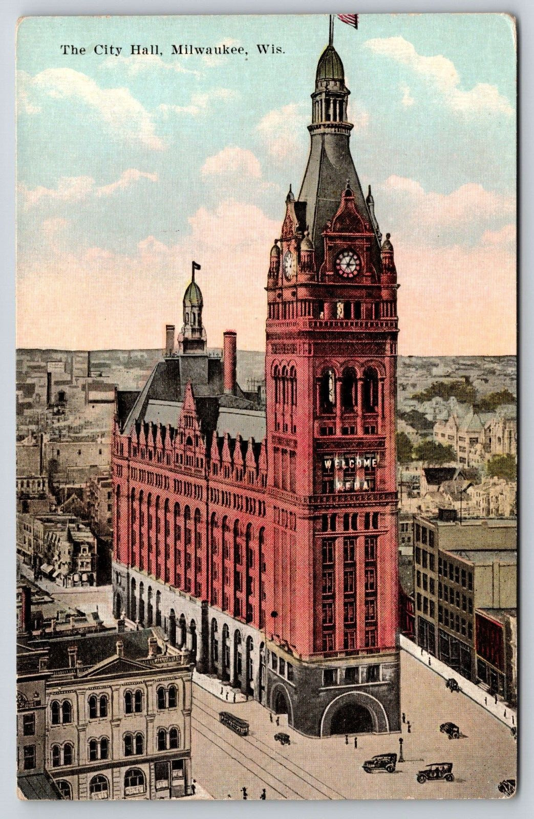 Milwaukee WI City Hall Vintage Postcard Birds Eye View Aerial Downtown
