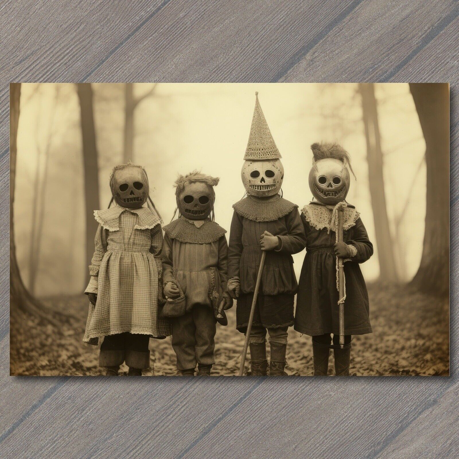 👻 POSTCARD Weird Creepy Vintage Vibe Kids Masks Halloween Cult Unusual Family