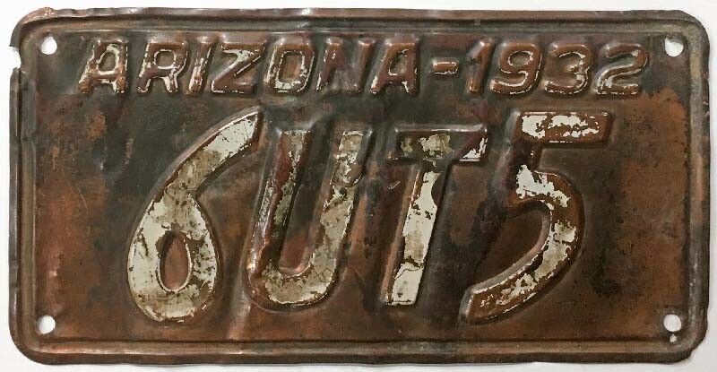 Arizona 1932 Copper License Plate 6UT5 Maricopa County Original Paint MDV Clear