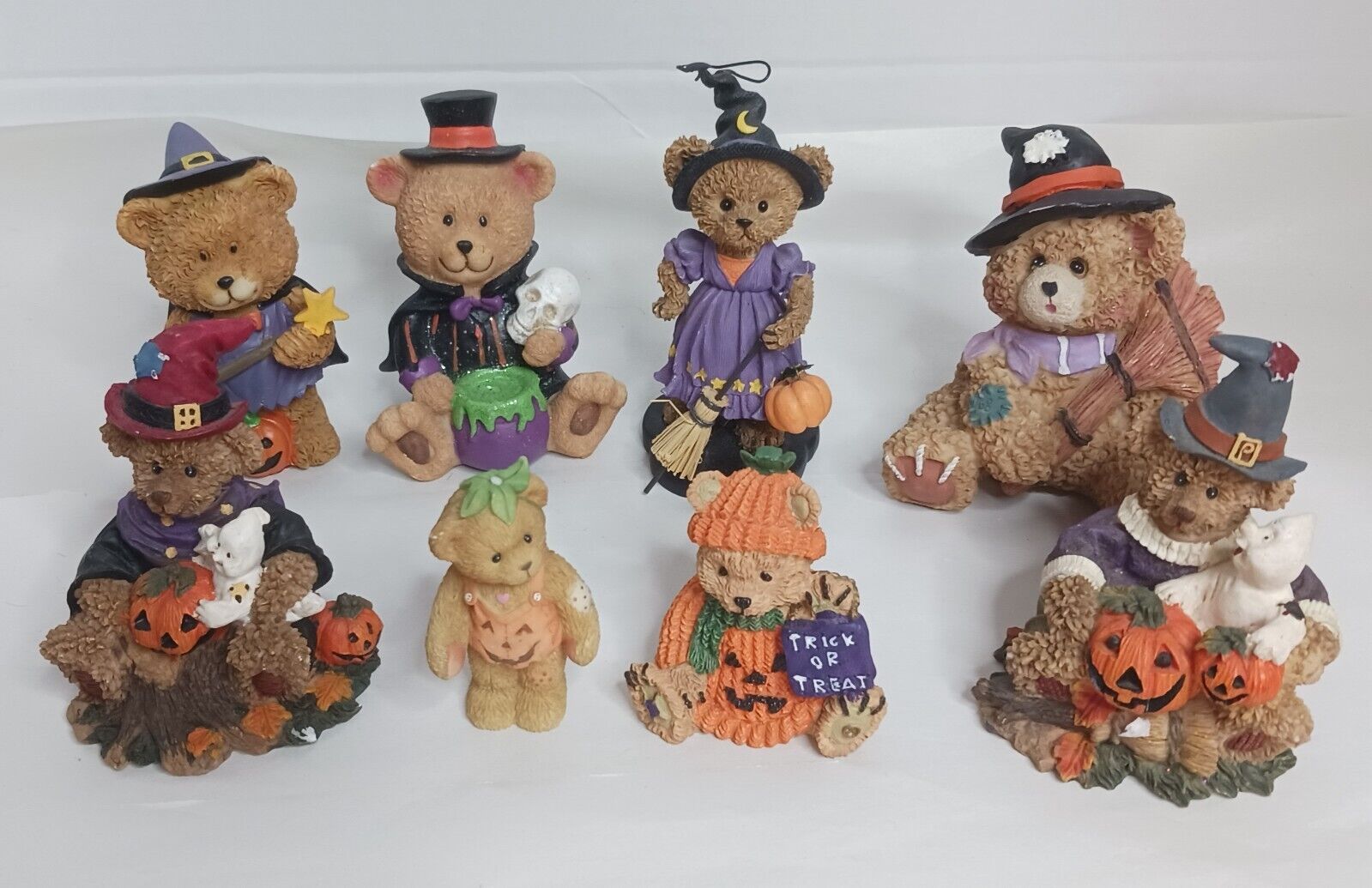 Lot of 8 Halloween Teddy Bear Figurines Witch Wizard Pumpkin Cute
