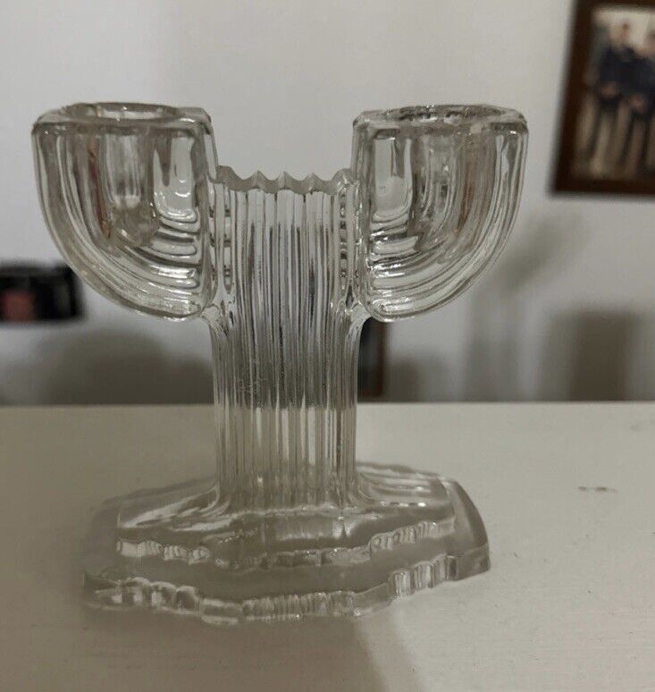 Vintage Modern Art Deco Candle Holder Cactus Queen Mary Candelabra Glass 4 1/2