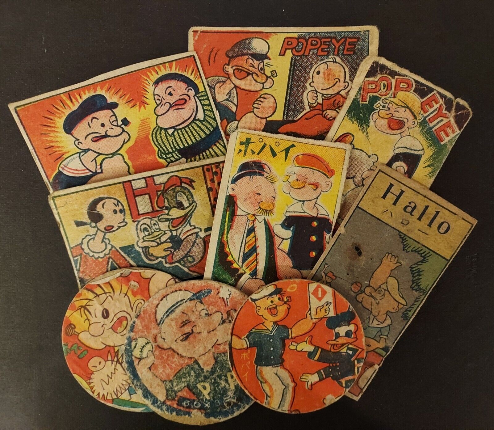 Vintage 1940-50s Japanese Menko Cards - Popeye Character Lot (9 Cards)