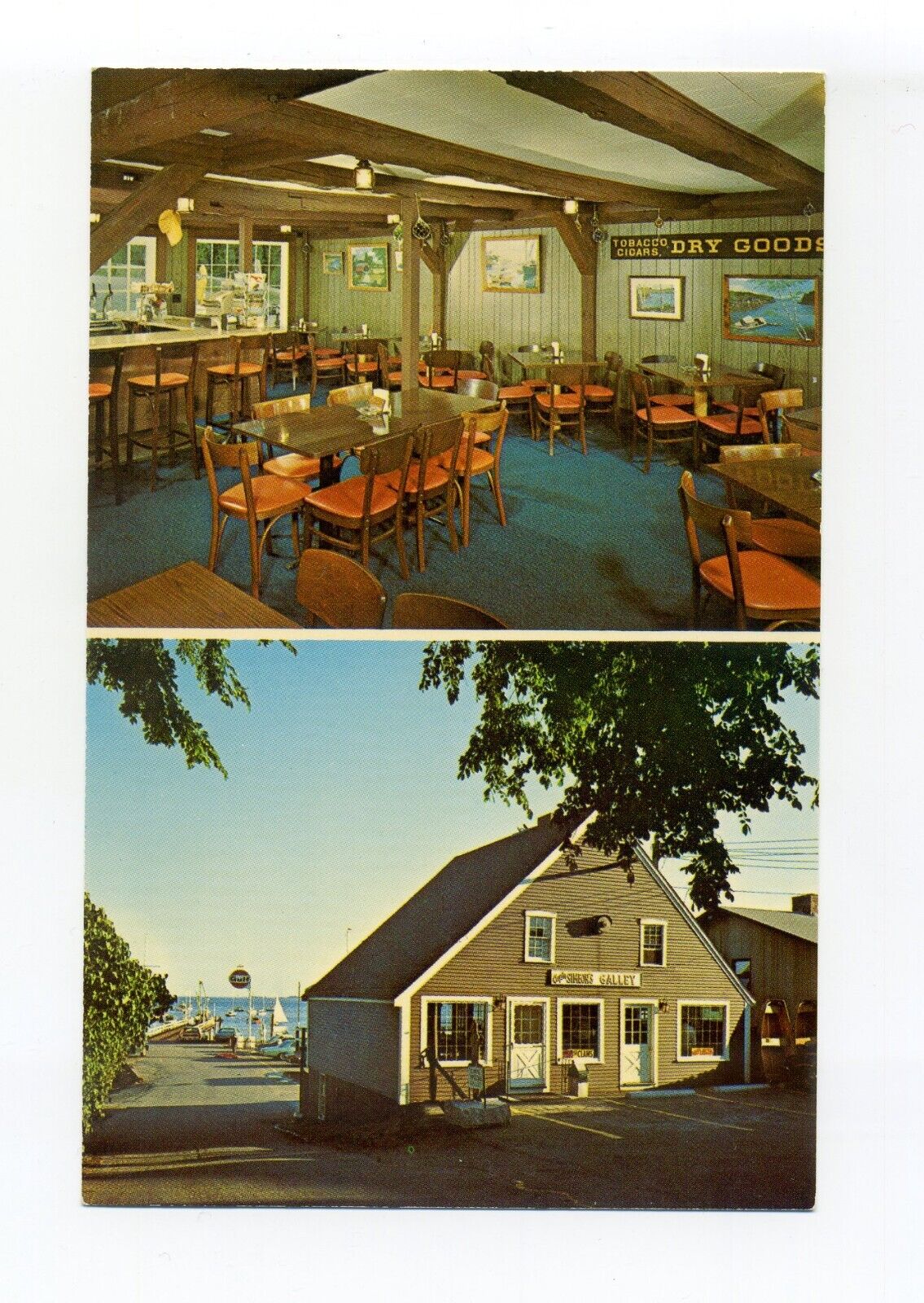 Kittery Point ME postcard, dock, Gulf Sign, Cap\'n Simeon\'s, interior, exterior