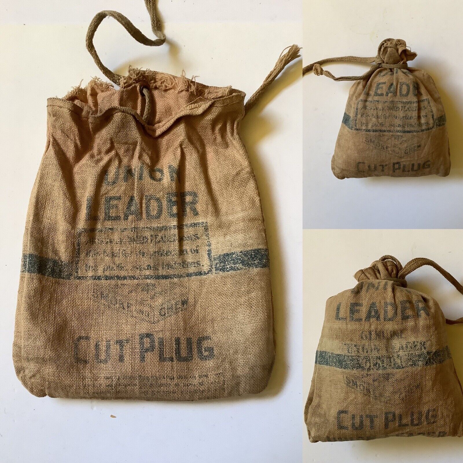 1920-40’ UNION LEADER Cut Plug Tobacco Bag. 4” X 5” Printed Cloth Bag w/String