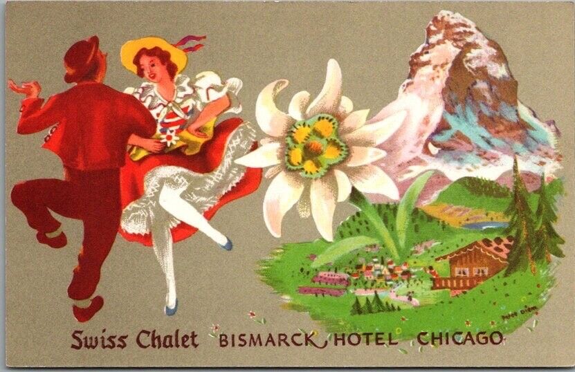 c1940s CHICAGO Illinois Postcard BISMARCK HOTEL Swiss Chalet ARTIST-SIGNED