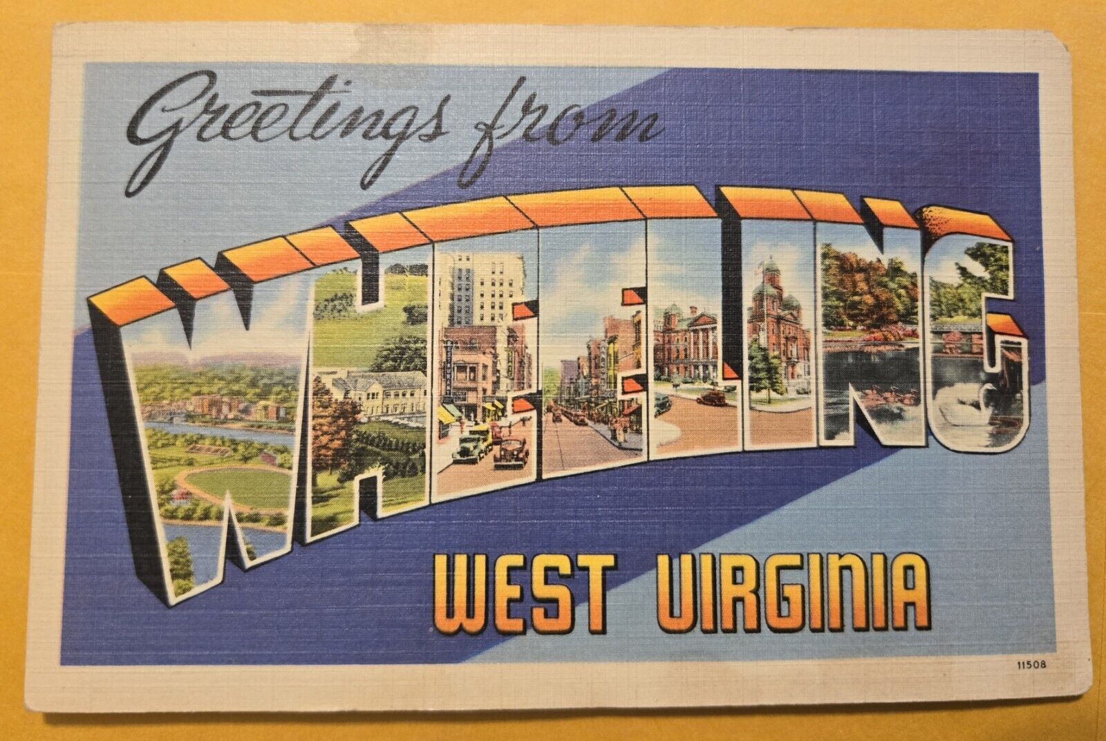 Used 1942 Linen Postcard Greetings from Wheeling West Virginia, Large Letters J2
