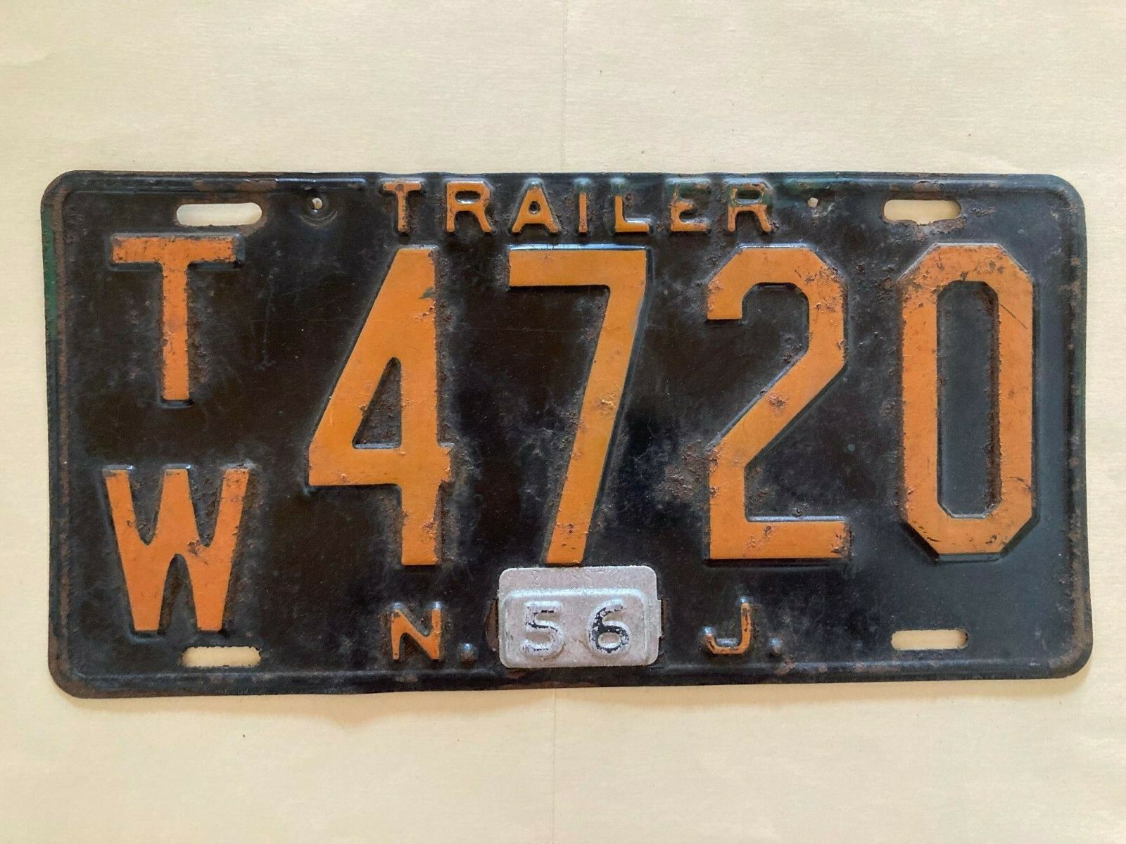 Vintage 1956 NEW JERSEY TRAILER License Plate Original Tab Man Cave Dad\'s Garage