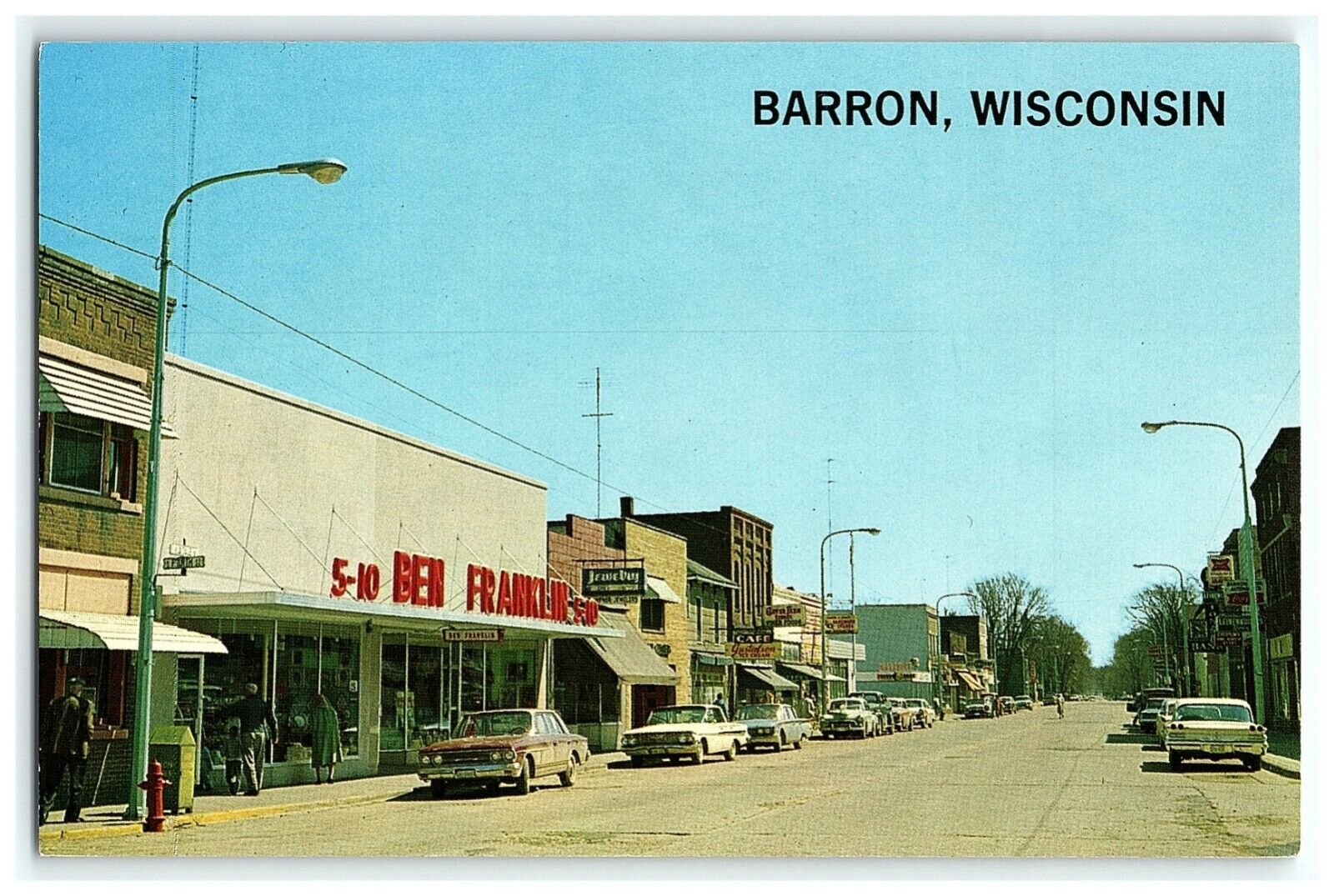 1960s Barron Wisconsin La Salle Ave Postcard Street Scene 5-10 Ben Franklin Cars