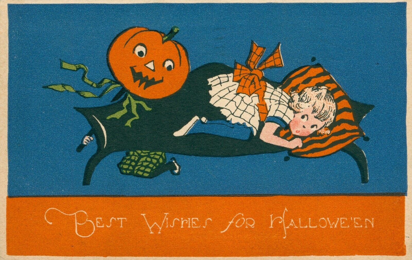 Gibson Best Wishes For Halloween Postcard~Antique~JOL Scares Girl~Dk Blue~c1926