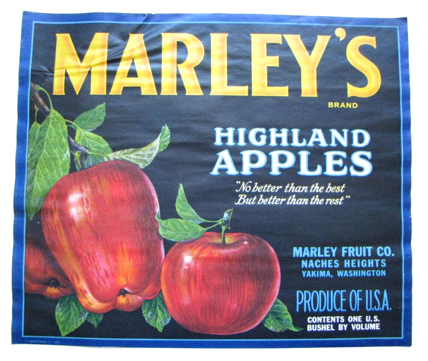 Original rare MARLEY\'S apple crate label Naches Heights Yakima, Washington