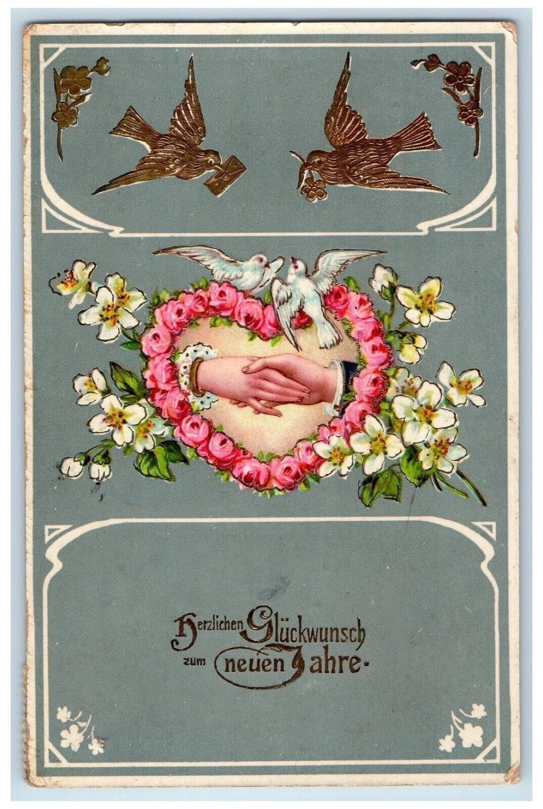 1913 New Year Dove Heart Flowers Couple Hands Gel Gold Gilt Embossed Postcard