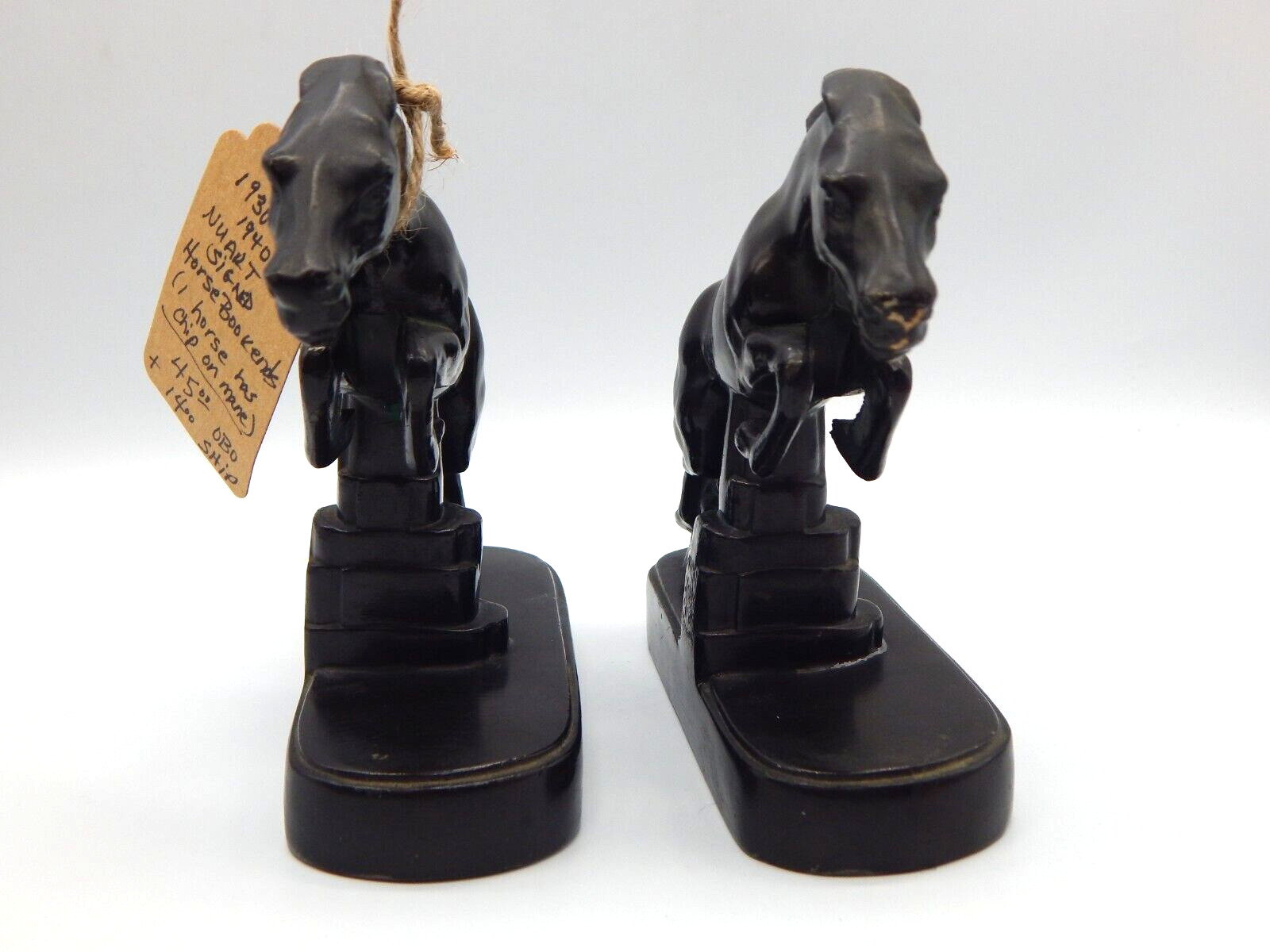 1930 - 1940 NUART SIGNED JUMPING HORSE BOOKENDS CAST METAL - EF595