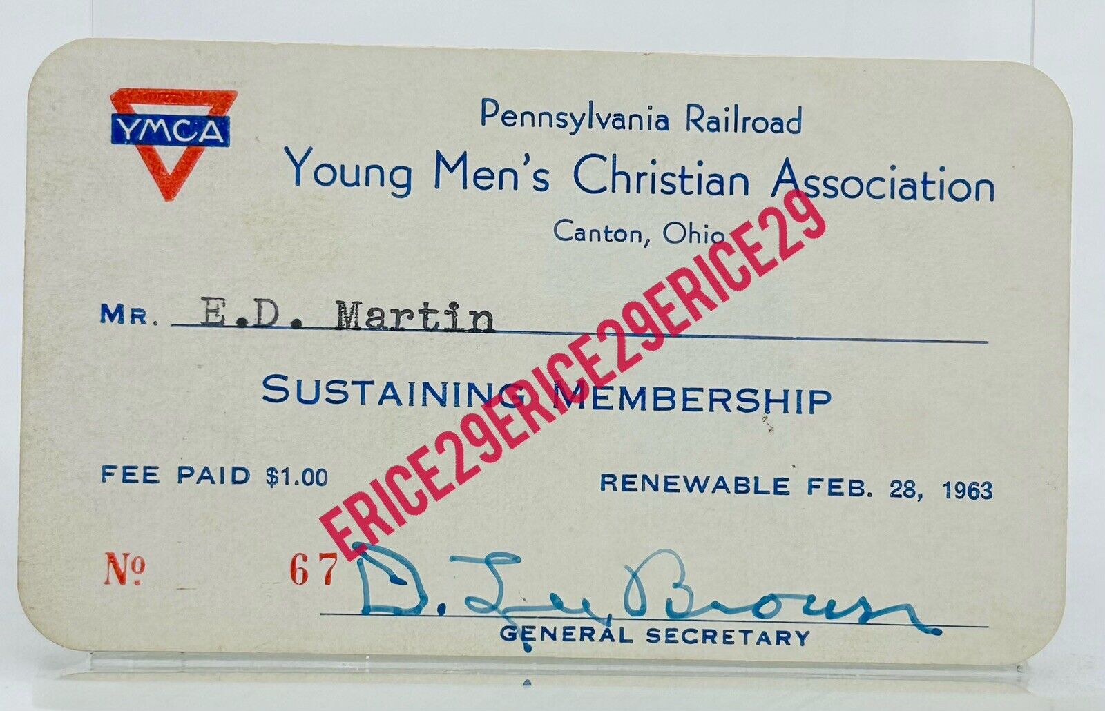 1962 Pennsylvania Railroad YMCA Young Men’s Christian Assoc. ID Card Canton Ohio