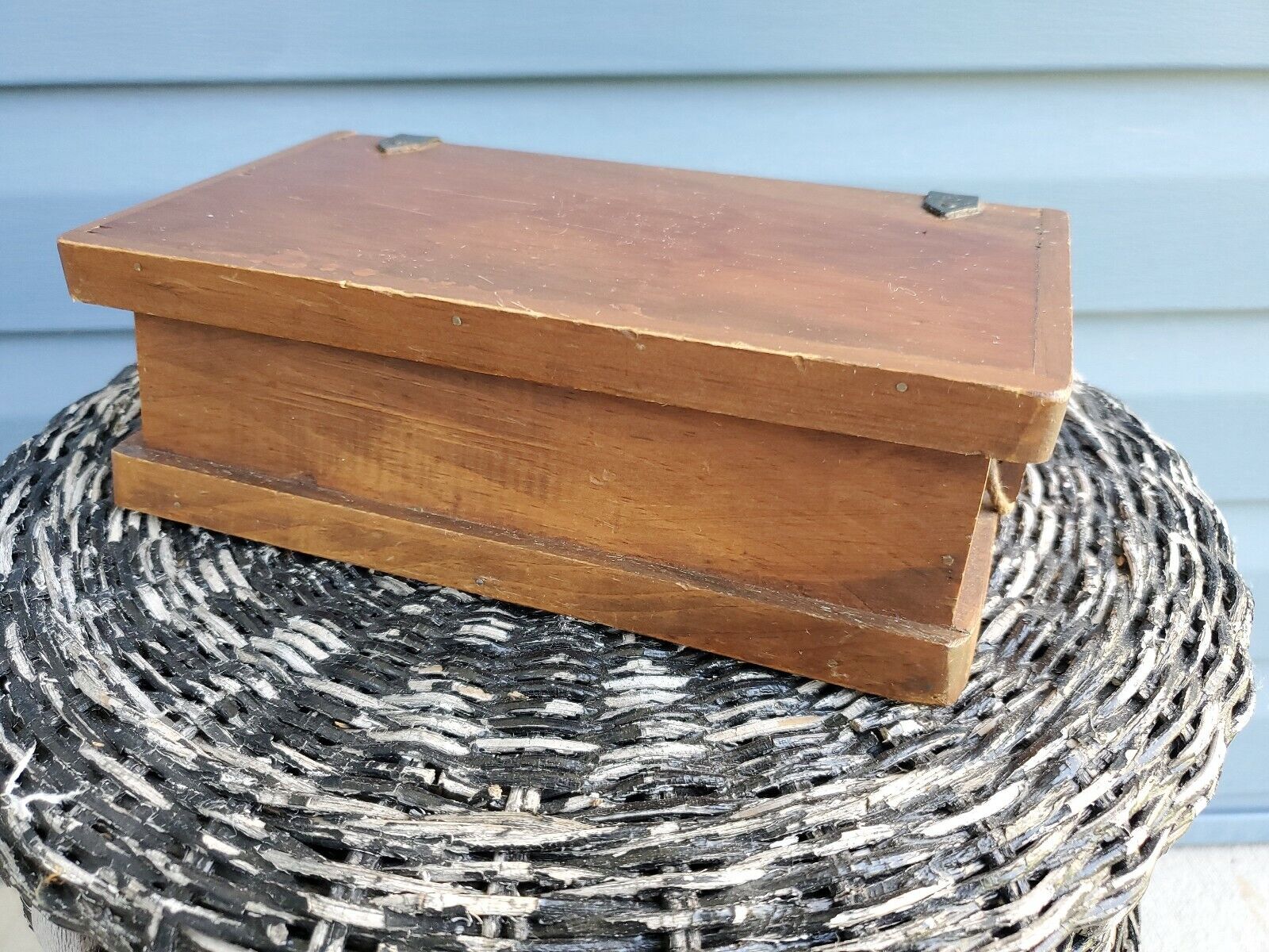 Antique Wood Trinket Keepsake Box Leather Hinge 8.5 X 4.5