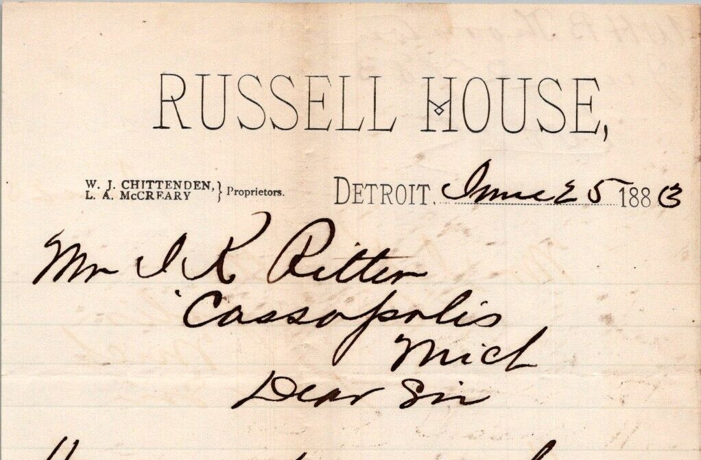 1883 RUSSELL HOUSE Letterhead DETROIT MI   BL634