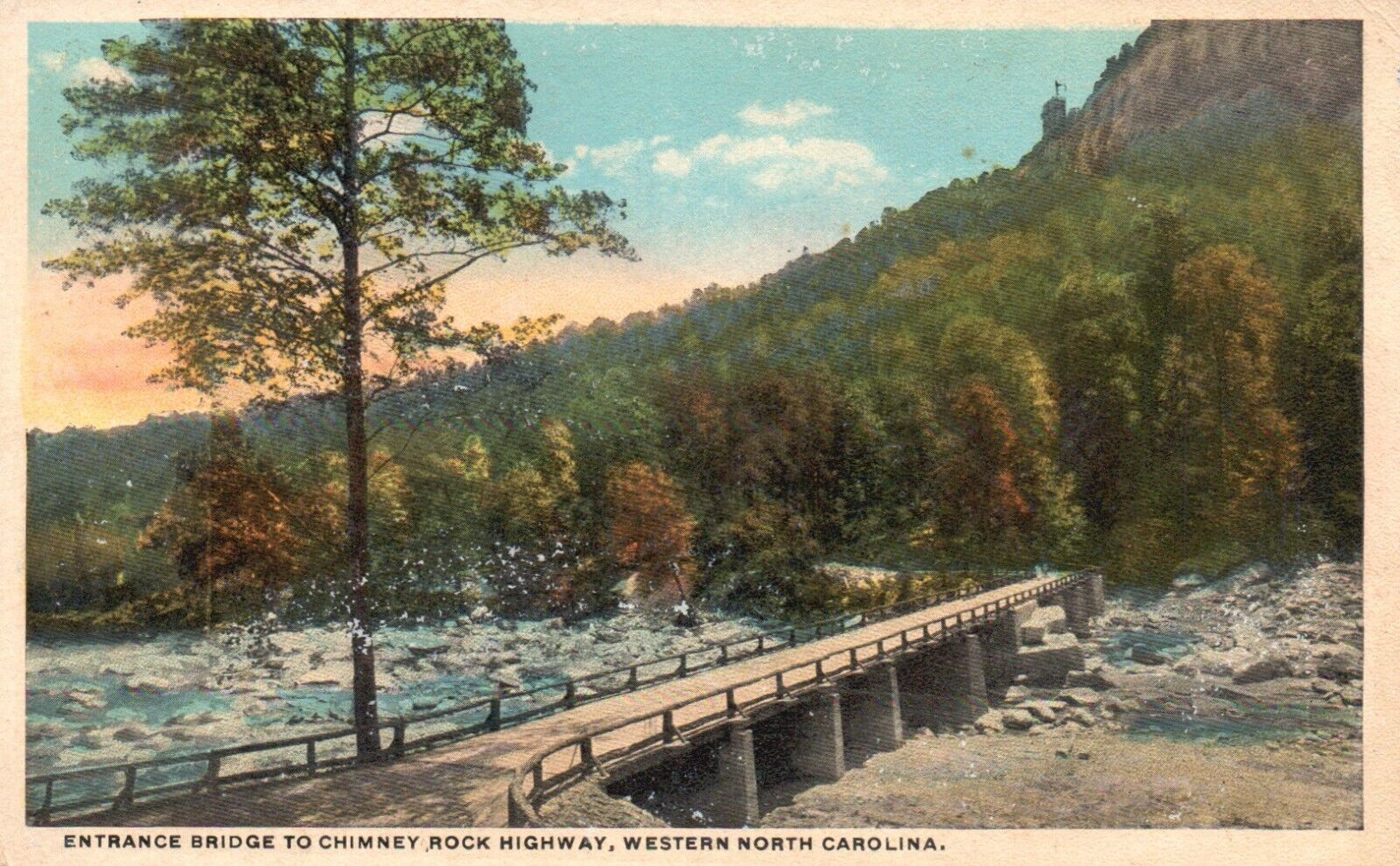 Postcard NC Chimney Rock Highway Entrance Bridge White Border Vintage PC J8762
