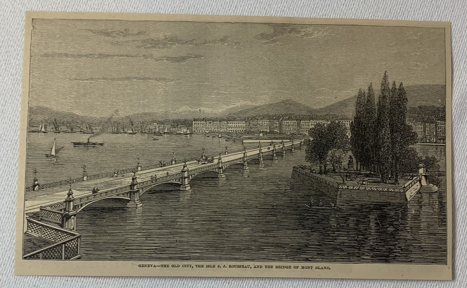 1872 magazine engraving ~ GENEVA SWITZERLAND Old City, Rosseau, Mont Blanc