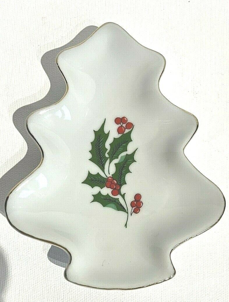 Holiday/PineTree Shaped Vintage  Dish Holly Berry Accent Gold Trim Christmas