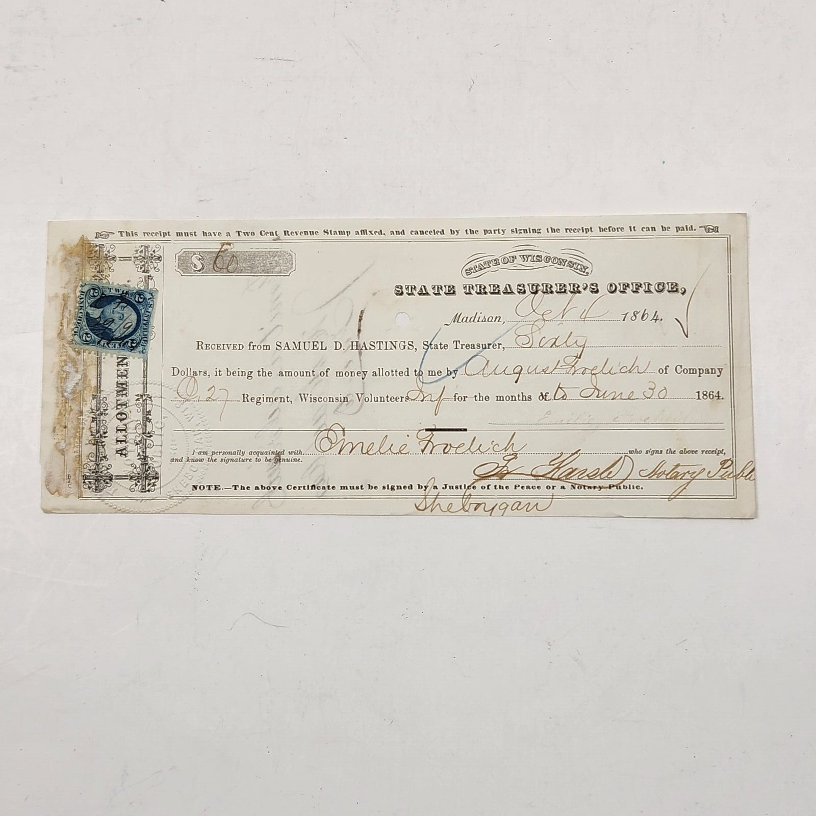 Civil War  (State of Wisconsin) - Oct. 4, 1864 $60 Allotment Fund Receipt