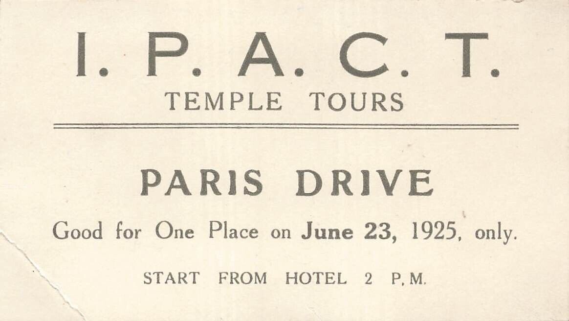 I.P.A.C.T. Temple Tours-Paris France Drive-1925 Business Card 16A