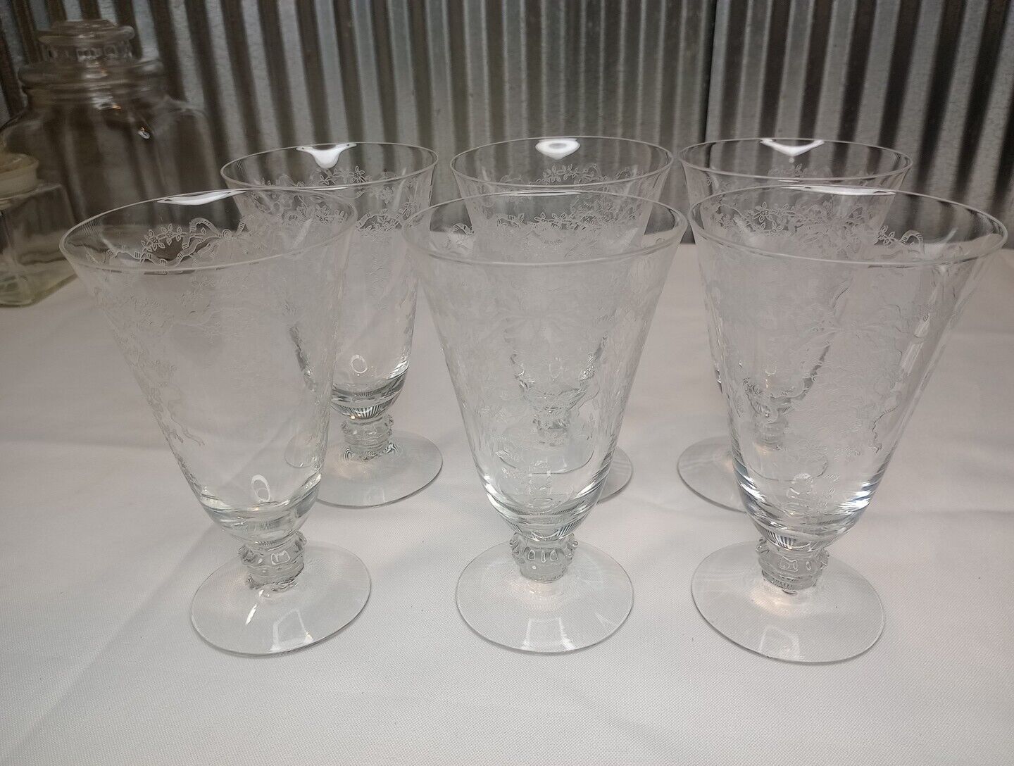 Lot of 6 Fostoria Romance Etched Crystal Footed Water Goblets / Tea Glasses