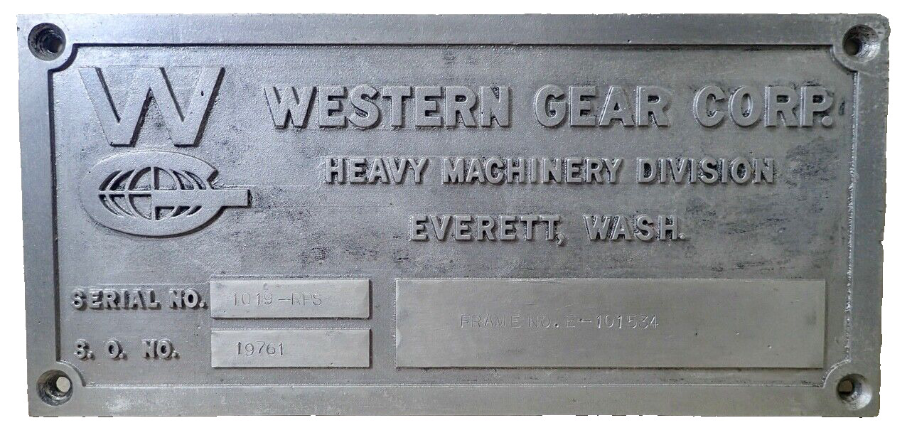 Old Cast WESTERN GEAR CORP. Heavy Machinery Division Marker Plaque Sign WA 15\