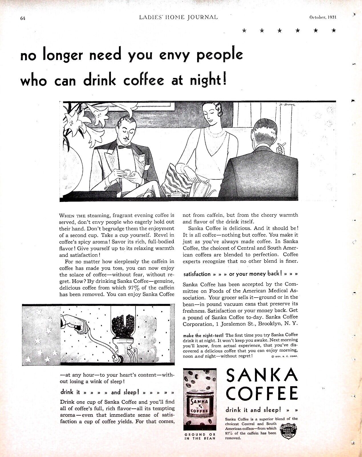 Original 1931 Sanka Coffee Ad: No longer need you envy people who can drink